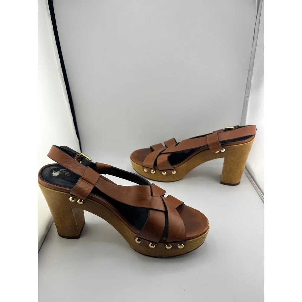 Coach Adessa Tan Leather Wooden Platform Clog Sandals Brown Q6931 Size 9B